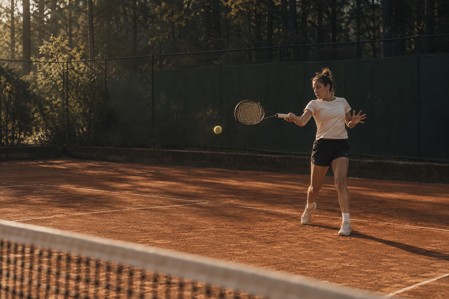 Tennis player preparing a forehand on a clay court